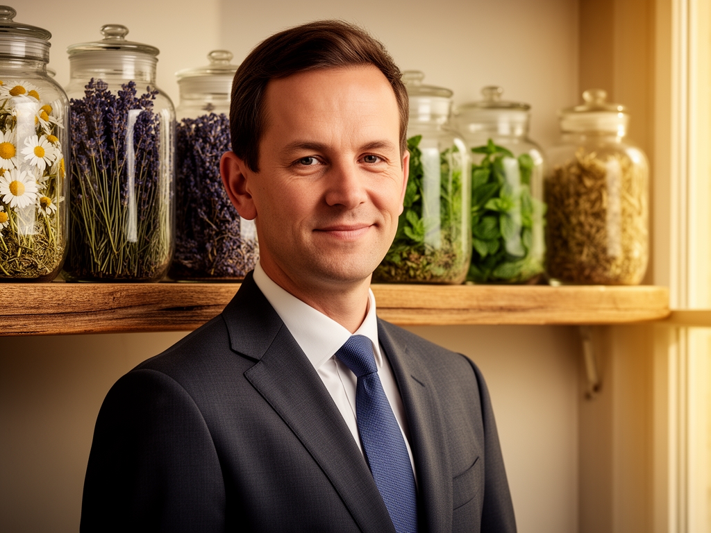 Sbírka sušených bylin v zavařovacích sklenicích na dřevěné polici, heřmánek, levandule, máta, teplé přirozené světlo z okna