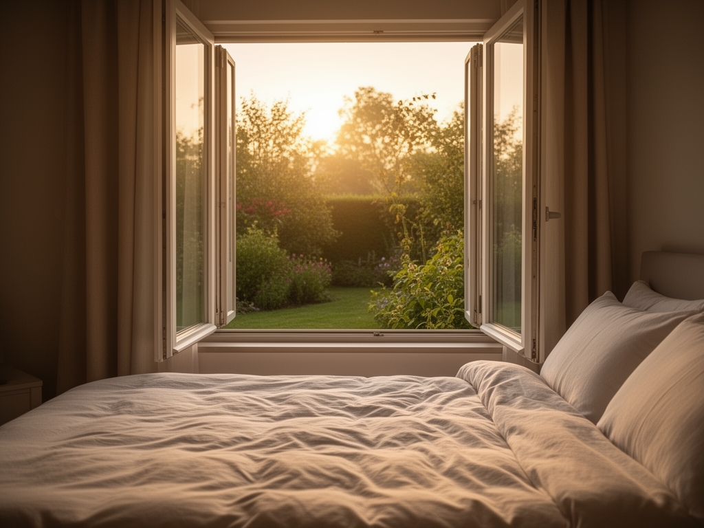 Ložnice v teplém přírodním světle při svítání, klidná atmosféra probuzení, pohled na otevřené okno s výhledem do zahrady