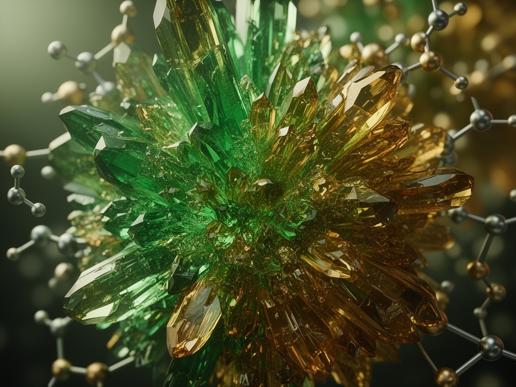 Abstraktní makrofotografie organické molekulární struktury připomínající přírodní krystal, zelené a zlaté tóny