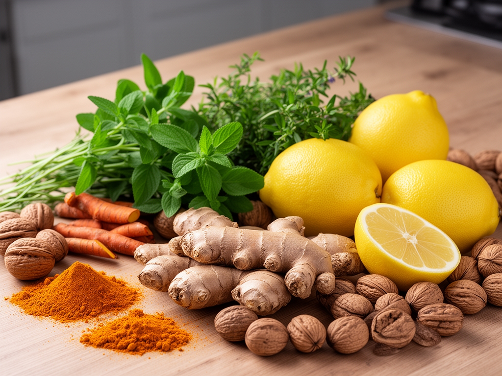 Zdravé ingredience na kuchyňském stole: kurkuma, zázvor, citróny, bylinky a ořechy v přírodním uspořádání