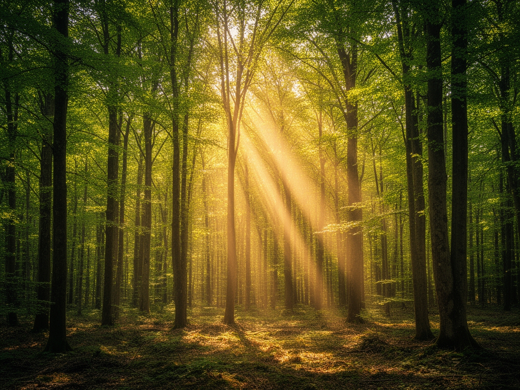 Rozsáhlý lesní porost s paprsky světla pronikajícími korunami stromů, přirozené barvy zeleně a zlatého světla