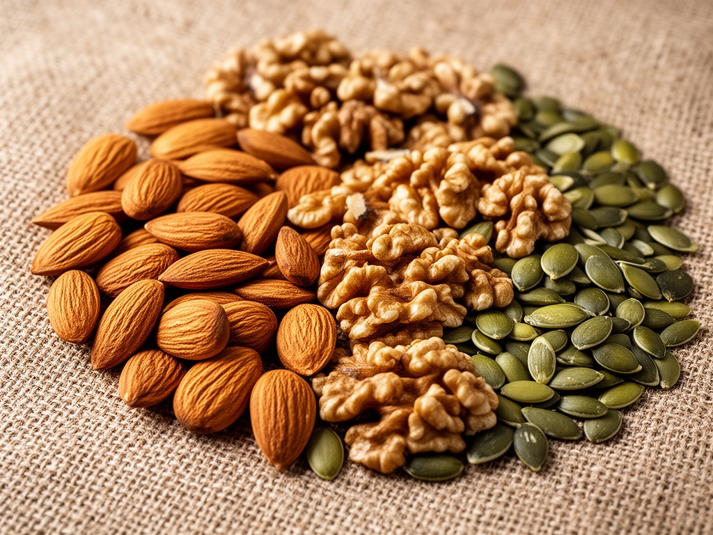 Výběr různých ořechů a semen na přírodní textilii, mandle, vlašské ořechy, dýňová semínka v přirozeném rozložení