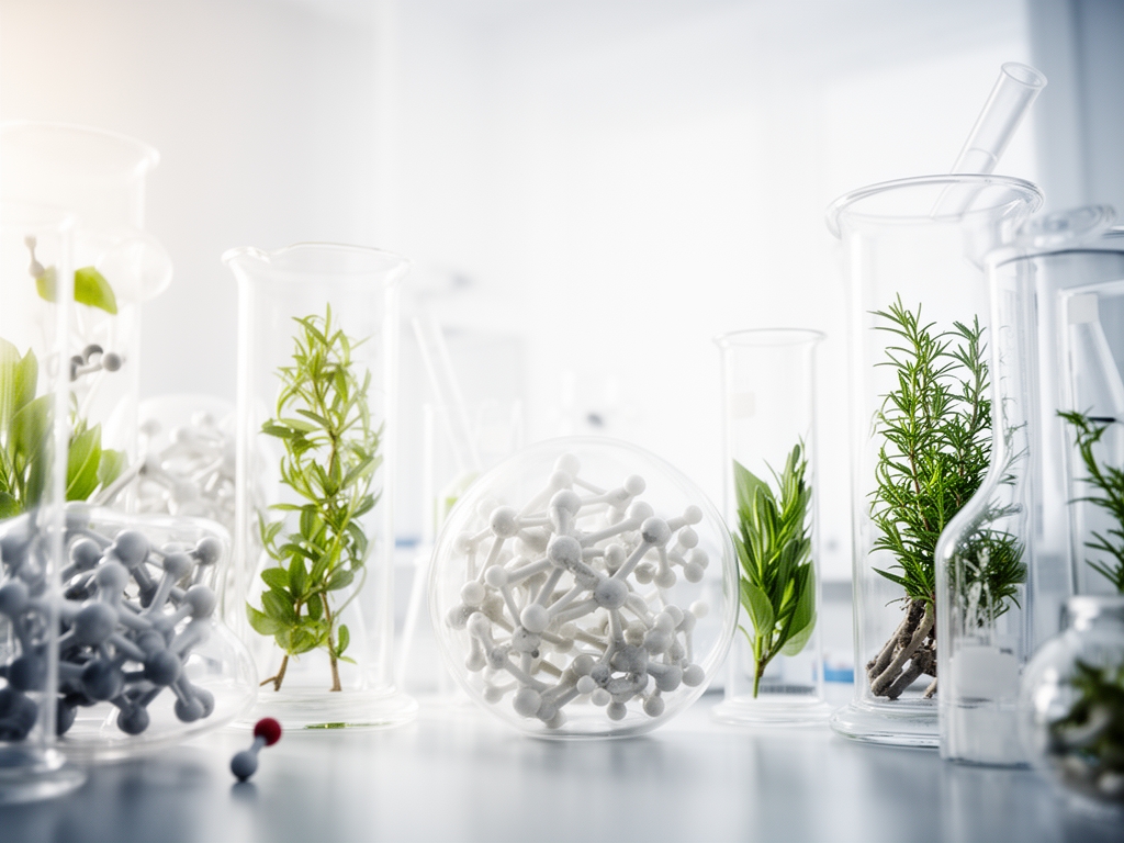 Stylizovaná vědecká laboratoř s organickými strukturami a měkkým bílým světlem, botanické vzorky v transparentních nádobách